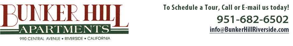 Bunker Hill Apartments logo, address, email and phone: 951-682-6502.