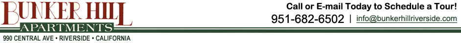Bunker Hill Apartments logo, address, email and phone: 951-682-6502.